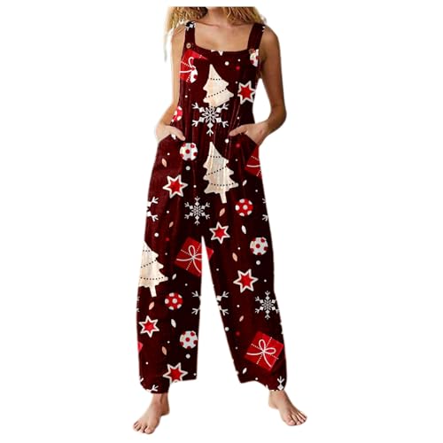 Eauptffy Peto para mujer, estampado navideño, botones para el tiempo libre, pantalones de entrenamiento, pantalones de peto, ajuste cómodo, uso diario, ocio, ocio, fiestas de Navidad, paseos, al aire