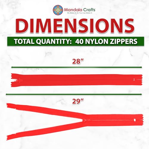 Image of Mandala Crafts 40 PCs Cherry Red Closed-End 28 in Nylon Zippers for Sewing