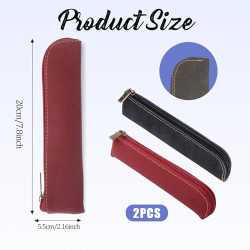 Image of Psyqtsuary Leather Pencil Case, 2 Pcs Slim Small Pencil Pouch Portable Flat Pen Pouch with Zipper Simple Makeup Bag Lipstick Case for Women Men Home, Office, Travel Outdoor (Black, Claret)