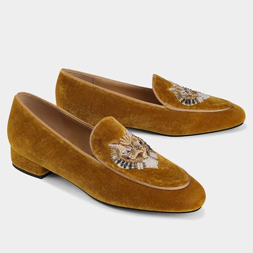 Image of Embroidered Loafers for Women Round Toe Chunky Heel Velvet Flats with Lion Head Pattern Wide Width Dress Casual Shoes