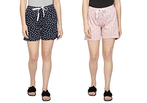 Image of Club A9 Women's Regular Fit Cotton Printed Shorts (Navy Blue, Light Pink)
