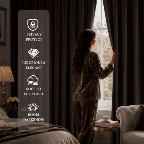 Image of MIULEE Brown Blackout Velvet Curtains Drapes 90 Inch Long 52 inchx90 inch Bedroom | Luxurious Bedroom Living Room Decor, Room Darkening, Thermal Insulated, Rod Pocket Design, Super Soft Fabric