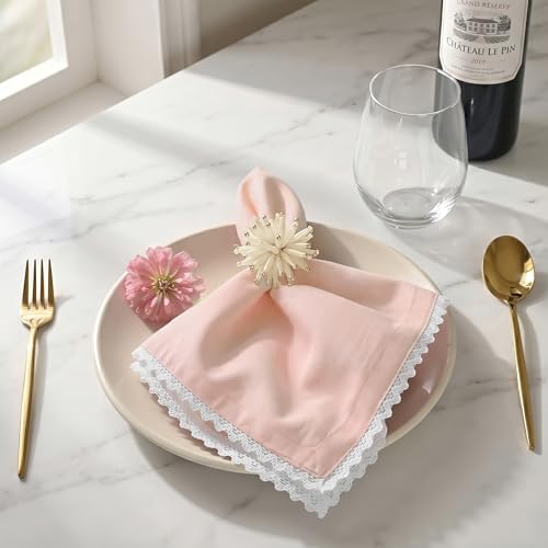 Image of FINGERCRAFT Lace Trim Cloth Napkins Set of 6, 20x20 Inch Cotton Linen Blend Dinner Napkins, Reusable Washable Table Napkins for Wedding, Farmhouse Dining, Parties & Home Decor (Pink)