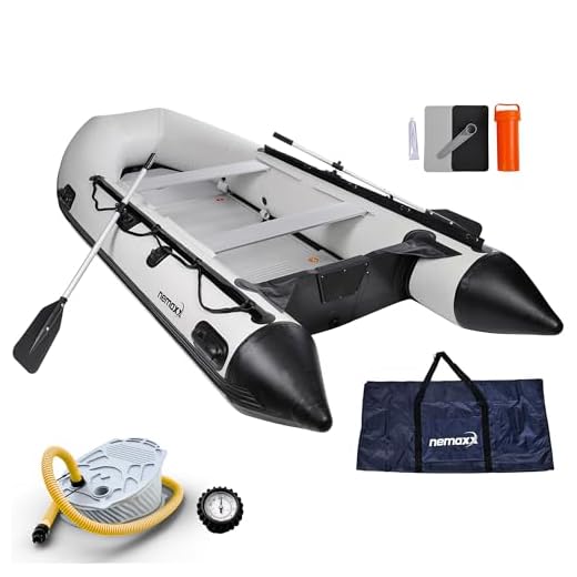 Nemaxx Professional Schlauchboot 380 cm, Paddelboot für 6 + 1 Personen - Sportboot, Ruderboot, aufblasbares Boot, Angelboot mit Aluboden und 2 Sitzbänken, hellgrau - inkl. 2 Paddel und Luftpumpe