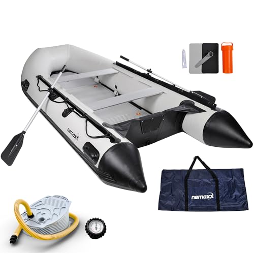 NEMAXX® Bateau Gonflable 380 cm pour 7 Personnes – Bateau à Rames/de Pêche et d’Aviron–905 kg/Fond en Aluminium/Motorisable jusqu’à 22 kW/30 CV –...