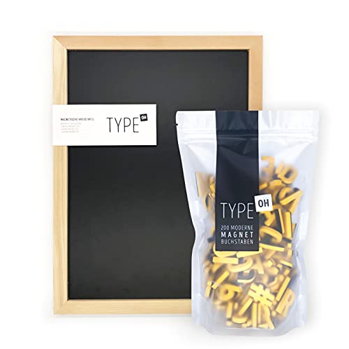 TYPE OH Lavagna magnetica (30 x 40 cm) con 200 lettere magnetiche moderne, numeri e caratteri speciali, ideale per menu, lista della spesa lettera/messaggi, lavagna con lettere (gialla gaga)