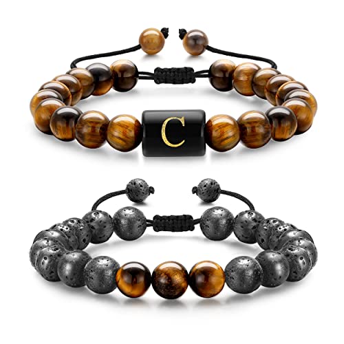 Mens Bracelets, 8mm Tiger Eye Bracelets Lava Rock Stone Mens Bracelets Tiger Eye Letter C Bracelets Mens Bracelet Beads Adjustable Bracelets for Men Initial Bracelet for Men Jewelry Gifts for Men Boys