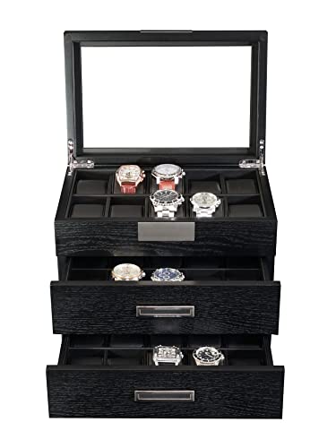 Timelybuys 30 Black Ebony Wood Watch Extra Height Clearance Box Display Case 3 Level Storage Jewelry Organizer With Glass Top, Stainless Steel Accents, And 2 Drawers #TOP4