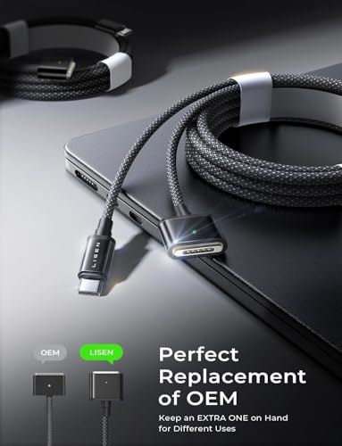 Image of LISEN 140W Magnetic Safe 3 Cable for MacBook Air /Pro Charger Cord (6.6FT Black), USB C to Magnetic 3 Cable for MacBook Air /Pro (15'' /13'' M3 2024, 15 inch M2 2023, 13 inch M2 2022)