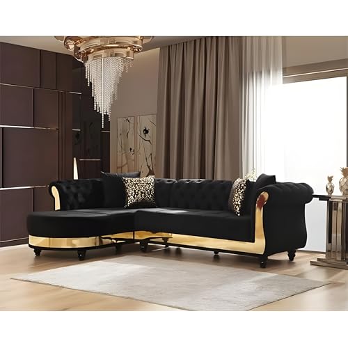 Image of Modern Classic L Shape Sectional Sofa Set, Chesterfield Style 4 Seater Sofa Set with Pillows for Living Room, Bedroom and Office, Office, and Hallway Colour (Black Gold)
