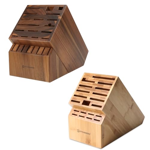 Image of KITCHENDAO 25 Slot Acacia Wood Knife Block and 20 Slot Bamboo Knife Block