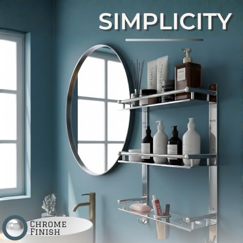 Image of GLOXY Premium 3 Layer Bathroom Shelves Rack - Wall Mount Chrome Finish Stainless Steel Bathroom Shelf with Soap Dish, Toothbrush Holder & Multipurpose Hooks - 4in1 Bathroom Fittings Accessories Set