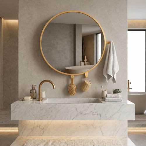 Image of CIPLA PLAST Rich Look Bathroom Cabinet with Mirror | Storage Organiser | Strong Plastic Bathroom Shelves Wall Mounted | Bathroom Accessories| Mirror Cabinet (2, METELLIC Gold, Round)