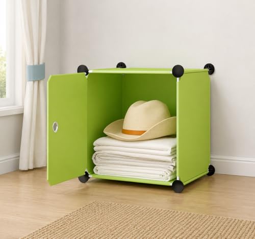 Image of Mevigo 1-Door Plastic Wardrobe for Kids| Almirah and Wardrobe for Baby Clothes| Modular Storage Cabinet with Wheels|Kids Multi-Purpose Collapsible Wardrobe for Shoes /Books-Green-S3
