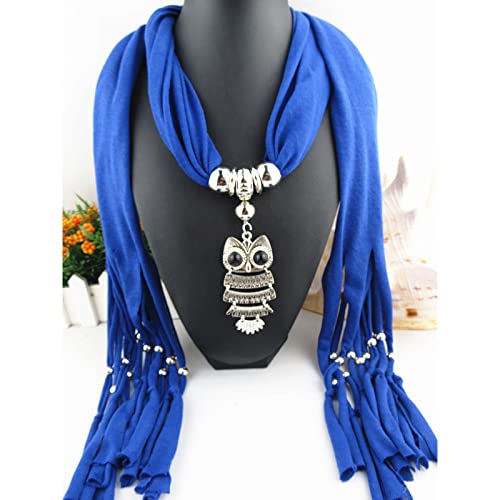 Bontannd Women's Blue Scarves Owl Scarf Necklace Pendant Ethnic Style Shawl Scarf For