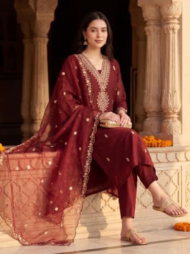 Image of INDO ERA Women's Silk Blend Embroidered Kurta & Pant with Dupatta Set | Kurta Sets For Woman