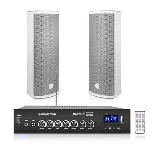 Sound Town Commercial Restaurant Bluetooth Amplifier + Column Speaker Set, with One 2-Zone 70V/100V Amplifier with Bluetooth, 2 x All-Weather Dual 5-Inch Column Speakers, Grey (PAC80X2CL25G)