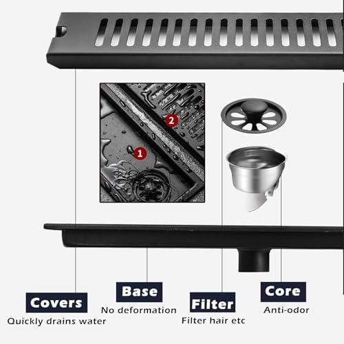 4 Inch Wide Stainless Steel Linear Shower Drain - Odor Proof Floor Grate with Hair Catcher & Removable Cover, Matte Black, 60x10cm (23.6"x3.9") - Perfect for Bathrooms, Kitchens & Outdoor Use