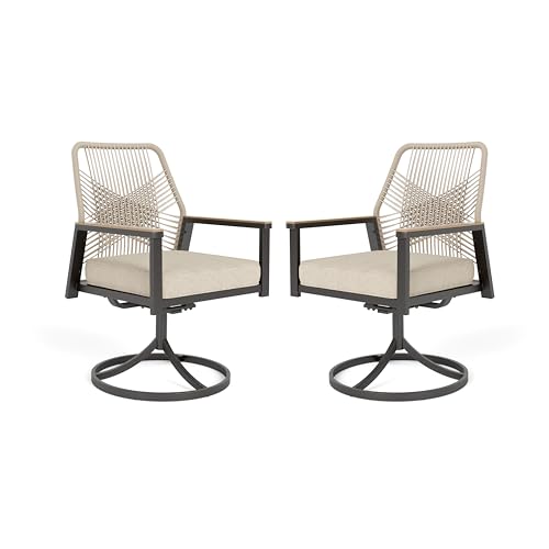 Image of MIXPATIO Patio Wicker Swivel Chair Sets of 2, Outdoor Dining Chairs with 3.1 inch Seat Cushions, Sturdy Metal Frame & Wood Grain Armrest, Beige