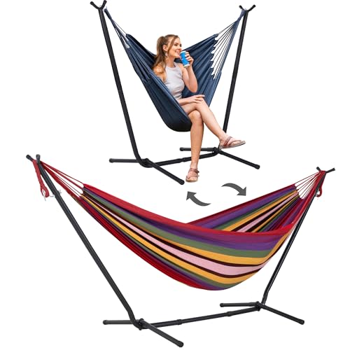 Image of SUNCREAT 2-in-1 Convertible Backyard Fabric Hammock with Stand, Red Stripes