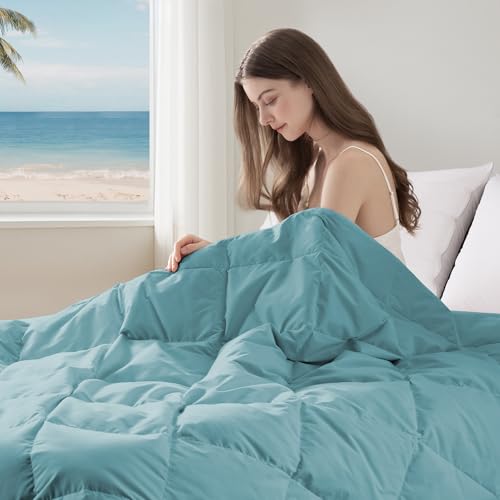 puredown Soft Feather Down Blanket Lightweight Packable Down & Feather Fill Blanket for Indoor and Outdoor Use Queen Size Blankets 88X90 Sea Blue