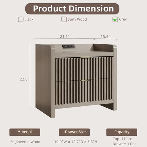 Image of BREEZEHEAT Fluted Nightstand Set of 2, Nightstands with Charging Station, Large Nightstand Bedside Table with 2 Large Drawers, Mid Century Modern End Table for Bedroom, 24 inch Wide, Grey Alder