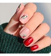 24Pcs Christmas Red Press on Nails Short Square Fake Nails with Holly Design Glossy Cute Christma...