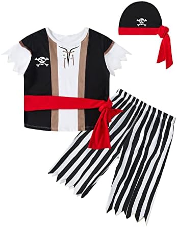 Okbebe Toddlers Boys Halloween Pirate Costume Kids Boys Halloween Pirate outfits Short Sleeved Clothes With Hat (White-Short,5T)