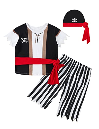 Okbebe Toddlers Boys Halloween Pirate Costume Kids Boys Halloween Pirate Outfits Short Sleeved Clothes With Hat (White-Short,5T) #TOP14