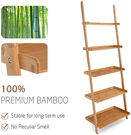 COSTWAY 5 Tier Ladder Shelf, Bamboo Leaning Wall Rack Bookcase, Display Storage Shelving Unit Flower Plant Stand for Living Room, Kitchen and Bathroom (with Raised Baffle, 64 x 45 x 181cm)