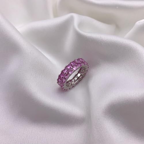 2 Row Heart Cut Womens Wedding Bands 5A CZ Simulated Pink Diamond Ring Band 925 Sterling Silver Eternity Stackable Rings for Women Width 6MM Size 6-92