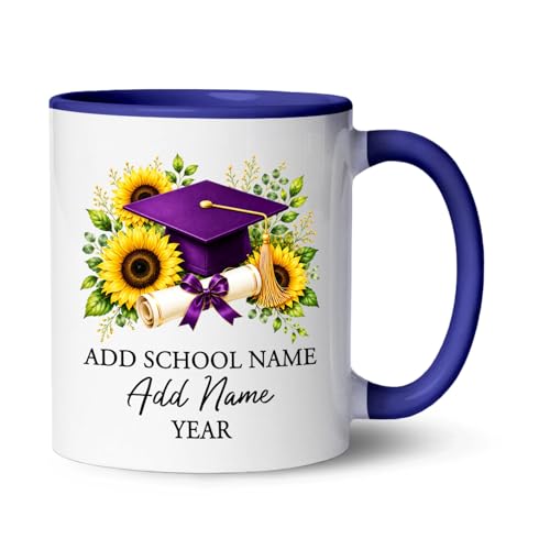 BigTees Personalized School & Name Purple Graduation Cap Ceramic Mug, Graduation Congrats Accent Mug Gift for Men Women Student, Customized Grad Coffee Cup 11oz and 15oz, Master Degree White Cup