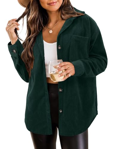 ZOLUCKY Womens Corduroy Shacket Long Sleeve Shirt Oversized Button Down Shacket Jacket Deep Grass Green Medium