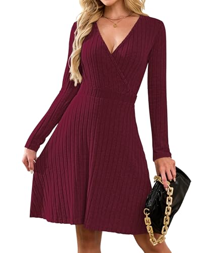AUSELILY Womens Fall Dress 2025 V Neck Long Sleeve Dresses A Line Wrap Knit Dress