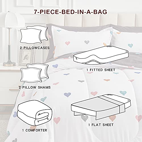Joyreap 7 Piece Queen Size Bed In A Bag, Colorful Heart Black N White Design, Soft Microfiber Comforter Set For Kids Girls (1 Comforter, 2 Pillow Shams, 1 Flat Sheet, 1 Fitted Sheet, 2 Pillowcases) #TOP6
