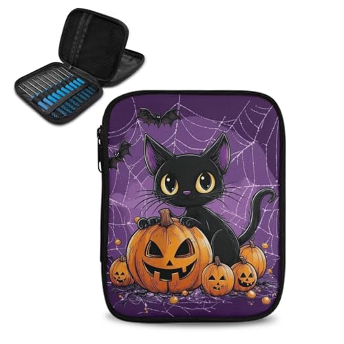 Yuresuaet Halloween Cat Crochet Hook Organizer Storage Bag for Crochet Hooks and Knitting Accessories Delicate Crochet Hook Organizer for Knitting Needles and Other Accessories Easy to Carry