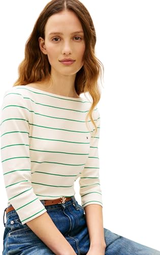 Tommy Hilfiger Damen Langarmshirt New Cody Slim U-Boot-Ausschnitt, Elfenbein (Fine STP Calico/Courtside Green), M 3