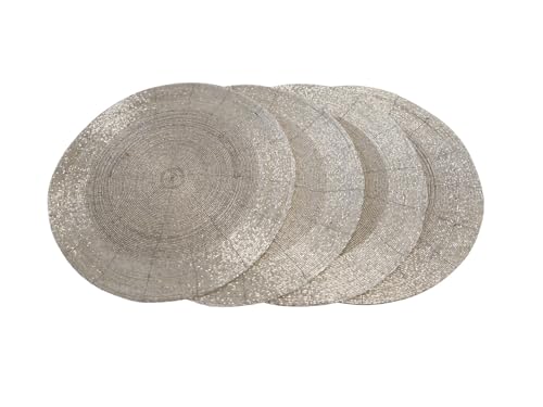 CB Home & Style Platzset mit Perlen rund 35 cm Tischset 4er Set Pack Glasperlen Deko Untersetzer (Silber)