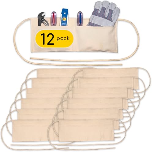 LABELPLASH 2 Pocket Canvas Work Waist Nail Apron Washable Tool Utility for Gardening Woodworkers Roofers Artists & Crafts (Tan 12 Pack)