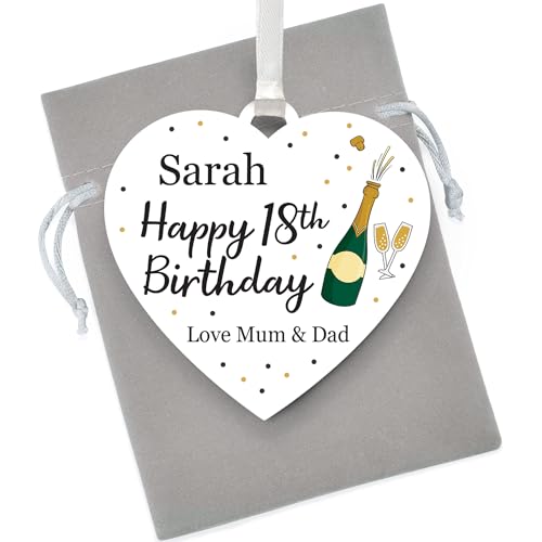 Personalised 18th 21st 30th 40th Birthday Gifts for Girls Daughter Granddaughter Girlfriend Her, ANY AGE, Happy 18th Birthday, 18th Birthday White Acrylic Heart Plaque Sign, 18 Today, With Grey Bag