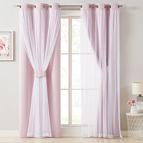 Image of Bujasso Pink Blackout Curtains with Sheer Overlay Mix and Match Double Layer 80% Room Darkening Window Treatment Set for Girls Bedroom Living Room Pink Drapes with Tiebacks Grommet Top 37 inch Wx84 Lx2