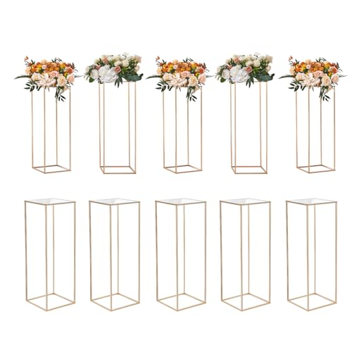 VEVOR 10PCS 31.5inch High Wedding Flower Stand With Acrylic Laminate Metal Vase Column Geometric Centerpiece Stands Gold Rectangular Floral Display Rack for Events Reception Party Decoration