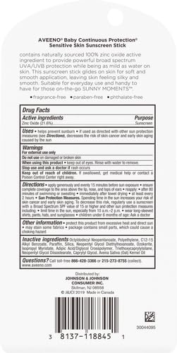 Image of Aveeno Baby Continuous Protection Mineral Sunscreen Stick for Sensitive Skin with Broad Spectrum SPF 50 Protection for Face & Body, Naturally Sourced 100% Zinc Oxide, Travel Size, 0.47 oz (Pack of 12)