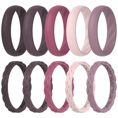 ThunderFit Silicone Rings for Her - Mix Women's Silicone Wedding Rings, 1.8mm Thick Rubber Engagement Rings Braided & 4mm Classic Rings Combo