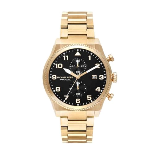 Michael Kors Reloj Panorama para Hombre, Movimiento multifunción de Cuarzo de 44 mm con Correa de Acero Inoxidable, 44 mm, Negro y Tono Dorado