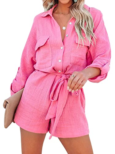 Ebifin Women's Summer Long Sleeve Botton Down Romper Pockets Belted Loose Casual Jumpsuits