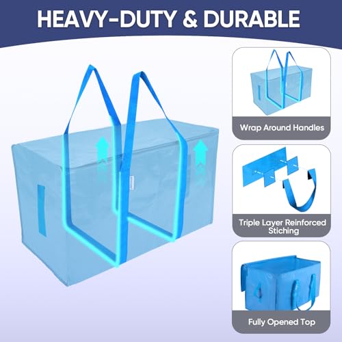 Image of TICONN 4 Pack Extra Large Moving Bags Heavy Duty with Zippers & Carrying Handles, Durable Storage Bags Moving Boxes for Closet Organizers and Storage (4 Pack, Sky Blue)