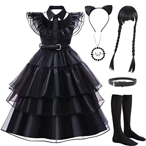 Halloween Costume for Girls Wednesday Costume Dress for Kids, Cosplay Outfit Gothic Halloween Costumes Set for with Wigs Belt Sock Headband and Necklace for Halloween Birthday School Party