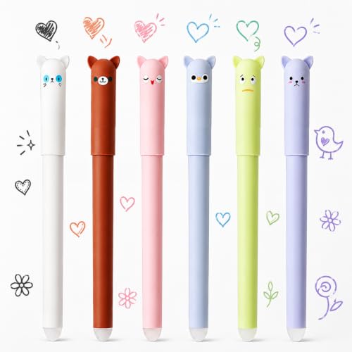 Nurila 6 Farben Radierbare Stifte, 0,5 mm Gelstifte Radierbar, Katze