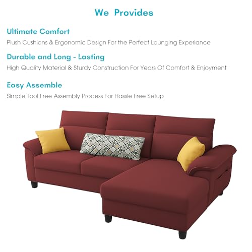 Image of Casaliving Seams RHS 4 Seater L Shape Sofa for Living Room (Maroon Fabric) Premium Fabric Sofa